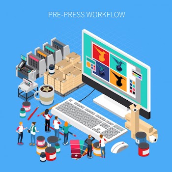 Printing house isometric composition with digital prepress workflow technology software  on desktop computer monitor Free Vector