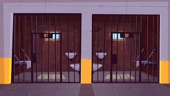 Prison corridor with two empty single cells behind steel bars cartoon. Free Vector