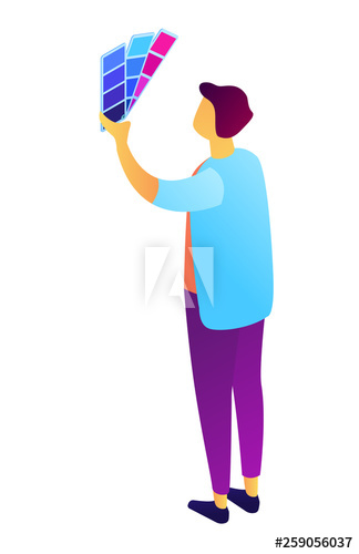 Professional designer holding and selecting palette samples, tiny people isometric 3D illustration