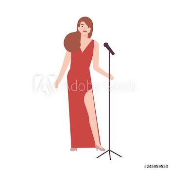 Professional jazz singer, vocalist or songstress wearing elegant red evening dress and holding microphone stand