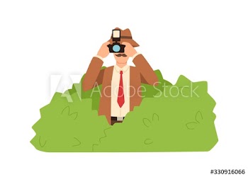 Professional male private detective hiding in bushes making photo vector flat illustration