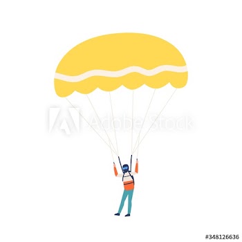 Professional male skydiver landing with parachute vector flat illustration