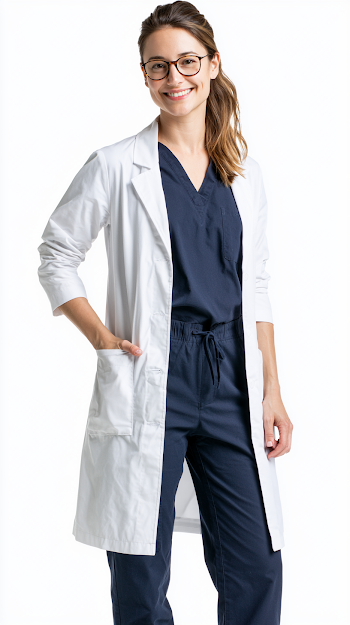 Professional Medical Educator in Scrubs and Lab Coat
