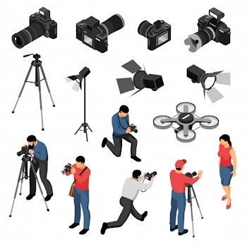 Professional photographer equipment isometric icons collection with studio portrait photo shoots camera light drone isolated vector illustration Free Vector