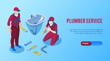 Professional plumber service online horizontal isometric  banner with two repairmen fixing bathroom sink vector illustration Free Vector