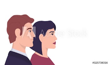 Profile portraits or heads of male and female cartoon characters