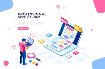 Programmer person and interactive technical software. Professional code for company concept with characters and text services. Flat isometric flowchart icons for infographic images illustration