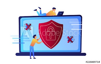 Programmer trying to protect his laptop from virus vector illustration