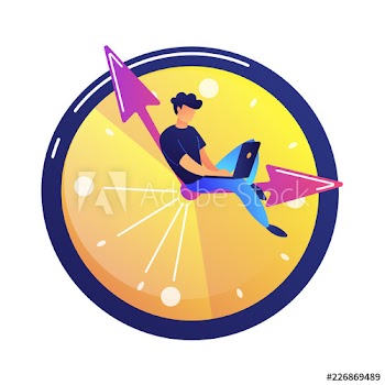 Programmer working on laptop sitting on the hand in a big clock vector illustration
