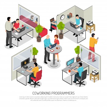 Programmers coworking space isometric template Free Vector
