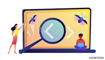 Programmers searching for a bug on laptop screen with magnifier vector illustration