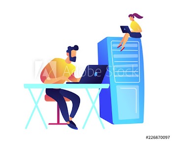 Programmers working with laptops and server rack vector illustration