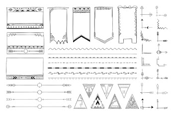 Psd doodle hand drawn ornamental bohemian style set