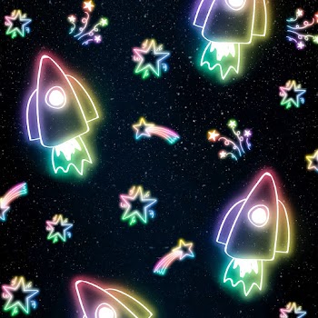 Psd neon star spacecraft doodle pattern background