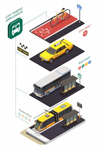 Public city transport isometric composition with infographic pictograms text captions and municipal transport units with stops Free Vector