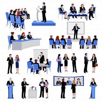 Public speaking people flat icons collection with conference meetings Free Vector
