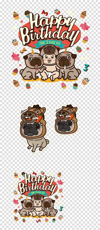 Pug Cartoon Illustration, Colorful dog birthday poster transparent background PNG clipart