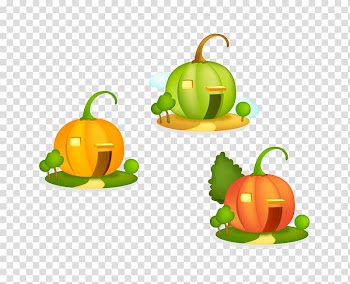 Pumpkin, cartoon color pumpkin house with trees transparent background PNG clipart