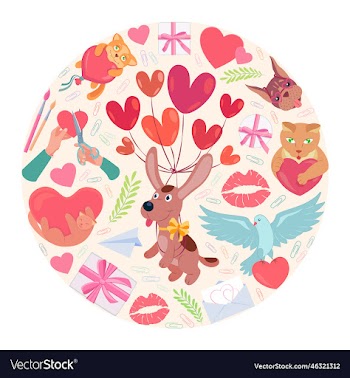 puppy flying on balloons set for valentines day