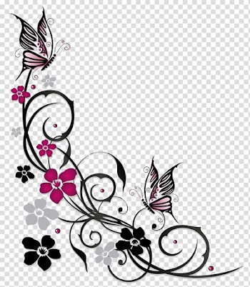 Purple and black swirl flowers borderline illustration, Butterfly Flower Ornament, flowers butterfly border transparent background PNG clipart