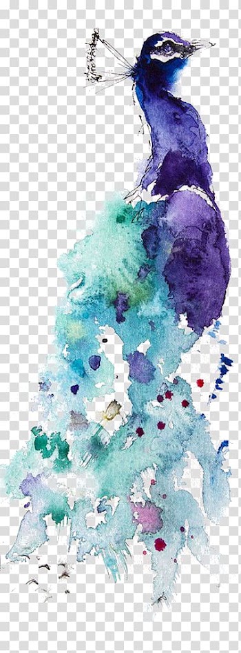 Purple and blue peacock illustration, Watercolor painting Peafowl Drawing Art, Watercolor Peacock transparent background PNG clipart