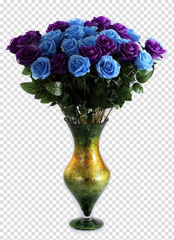 Purple and blue rose flower arrangement in green and yellow glass vase, Garden roses Blue rose Vase Flower bouquet, vase transparent background PNG clipart