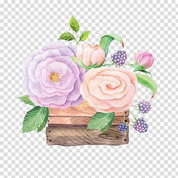 Purple and orange roses illustration, Garden roses Watercolor painting Wooden box Crate Illustration, watercolor flower baskets transparent background PNG clipart