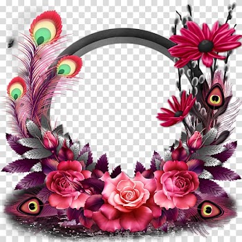 Purple and pink flowers illustration, Feather Peafowl frame, Color peacock feathers flowers round frame transparent background PNG clipart