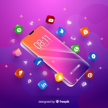 Purple themed mobile phone surrounded by colorful apps Free Vector
