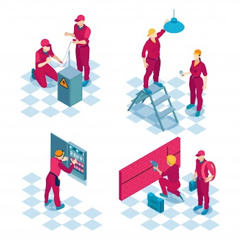 Qualified electricians job concept 4 isometric compositions with construction wiring installation repair team red uniforms Free Vector