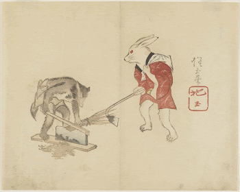 Rabbit and Raccoon Chopping Straw | Free Photo - rawpixel