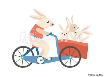 Rabbit mom with kids riding bicycle flat vector illustration