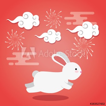 rabbit running with clouds and fireworks decoration