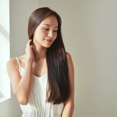 Radiant Beauty: Long Sleek Hair in Soft Morning Light Radiant Beauty: Long Sleek Hair in Soft Morning Light