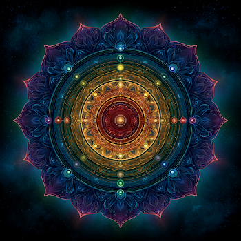 Radiant Seven Chakra Mandala on Cosmic Backdrop