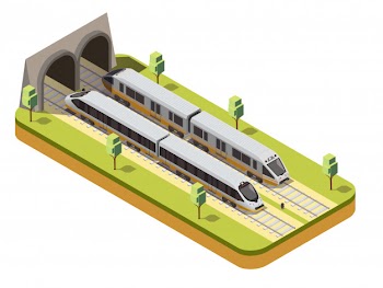 Rail bus and high speed passenger train entering railway tunnel under viaduct bridge isometric composition Free Vector