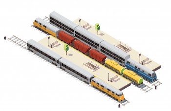 Railway station isometric composition with passenger platforms tunnel staircase entrance freight train and double decker illustration Free Vector