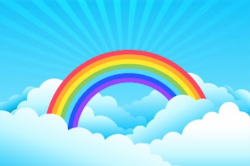 Rainbow covered in clouds and sky background Free Vector