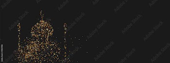 Ramadan background. Design is sand with golden squeak of mosque silhouette. black pattern with bright sequins loose gold. Arabic calligraphic text of Ramadan Kareem