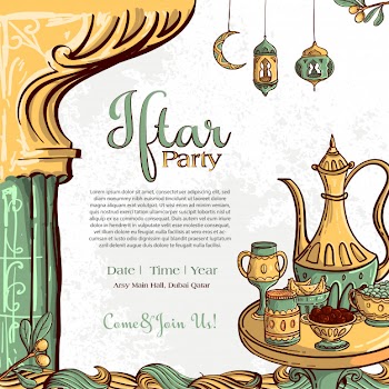 Ramadan iftar party greeting card with hand drawn dates and islamic food on white grunge background. Free Vector