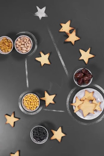Ramadan Kareem background with traditional middle-eastern exotic dry date fruits, raisins, cookies and nuts. Holy Ramadan month magic