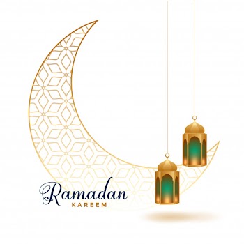 Ramadan kareem decorative moon with hanging lamps Free Vector