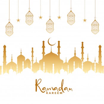 Ramadan kareem islamic background with mosque and lamps Free Vector