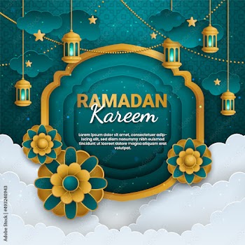 Ramadan kareem paper cut vector. Banner or poster with lantern and cloud ornament, suitable for  celebrating ramadan events.