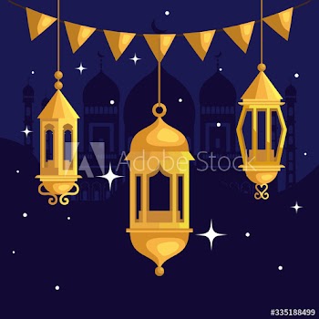 ramadan kareem poster with lanterns and garlands hanging design