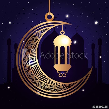 ramadan kareem poster with moon and lanterns hanging design