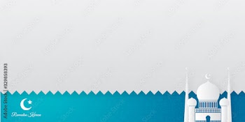 Ramadan kareem presentation background with copy space. Vector illustration with mosque and moon, place for text greeting card and banner.  Modern blue tosca white trendy ramadan