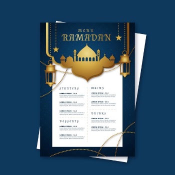 Ramadan menu template with lanterns and mosque Free Vector