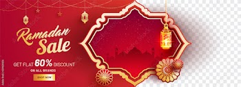 Ramadan sale, web banner design with 60% discount offers, mosque illustration, hanging lanterns and space for your product image on red background.