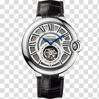 Randoom , round silver-colored framed Cartier chronograph watch with black leather strap transparent background PNG clipart